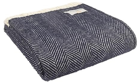 Tweedmill Textiles, Überwurf im Fischgrät-Design, 100 % reine Schurwolle, Größe 150 x 183 cm, Wolle, navy, Large