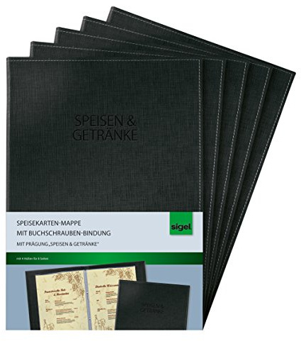 SIGEL SM131/5 Speisekarten-Mappen mit Buchschrauben-Bindung für A4, 5-er Pack, schwarz mit edler Leinenstruktur, strapazierfähig und leicht abwischbar