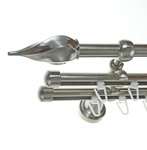 BASIT Gardinenstange Innenlauf Edelstahllook 16mm 3-läufig Wand 320cm H14 | Gardinenstangenset dreiläufig Wandmontage Metall Vorhangstange Wandhalterung 120-600cm wählbar Kappe Zwirbel E14