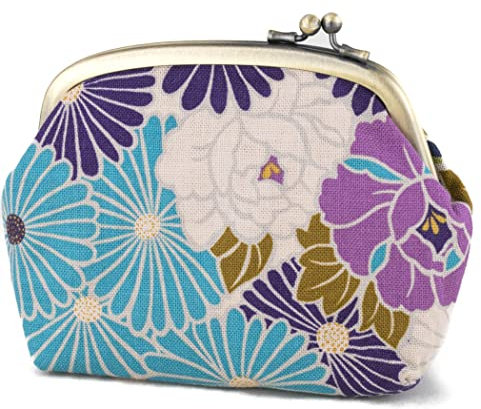 Pochette Porte Monnaie Femme Retro Fleur avec Fermoir Violette Coton Clic Clac Petit Poche Portefeuille Pochette Japonaise