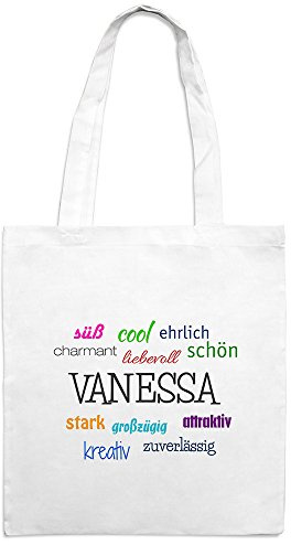 Jutebeutel mit Namen Vanessa - Motiv Positive Eigenschaften - Farbe weiß – Stoffbeutel, Jutesack, Hipster, Beutel