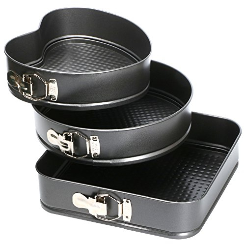 TRIXES Spring Form Cake Tin, Set of 3, Heart Square Round Shapes with Loose Base, Quick Release Springform Shapes, Great for Sponge Cakes and Cheesecakes, Baking Accessories, Cooking Tin