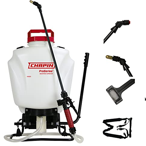 Chapin 61800 4-Gallon Made in USA Professional Backpack Sprayer with Brass Adjustable and Poly Fan/Cone Nozzles, Cushion Grip Shut-Off, 3-Stage Filtration System, Translucent White
