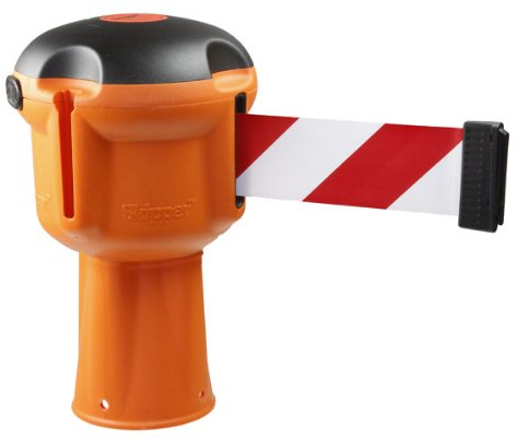 Skipper mobiler Absperrgurt Gurtfarbe: rot/weiß, mit Haltekopf für Leitkegel Bandlänge: 9,0 m, Bandbreite: 5,0 cm Haltekopf: Höhe 24,0 cm, Kopf-š: 14,5 cm