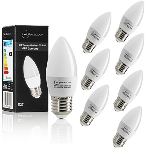 Auraglow 5W LED E27 Candle Light Bulbs, Warm White 40W Equivalent, 8 Pack | 470 lumens, 3000K Edison screw lamp, 87 percent energy saving, ideal for chandeliers and pendant fittings