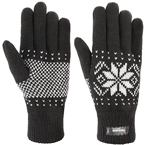 Lipodo Snowflake Thinsulate Handschuhe Damen/Herren - Strickhandschuhe gefüttert - Mit weichem Fleecefutter - Schneeflocken-Muster - Herbst/Winter schwarz L