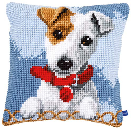 Vervaco Kreuzstich Stickpackungen Kissen Stickerei Set Anfänger Vorgedruckt Jack Russel DIY Set Kreativ Set Für Erwachsene Dekoratives Kissen ca. 40 x 40 cm Bastelset Handwerker Haus Dekoration