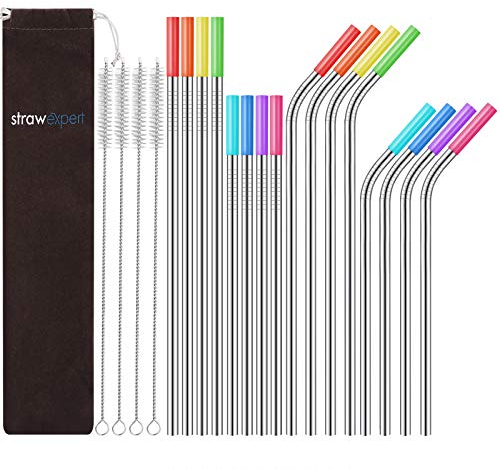 StrawExpert Set of 16 Reusable Stainless Steel Straws with Travel Case Cleaning Brush Silicone Tips Eco Friendly Extra Long Metal Straws Drinking for 20 24 30 oz Tumbler