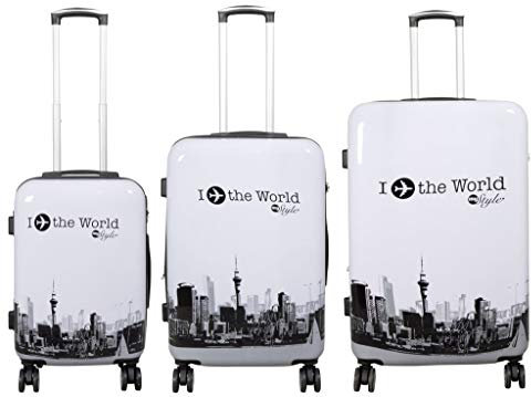 foolonli Koffer Hartschalenkoffer My Style Skyline City Reisekoffer I Fly The World White Weiß