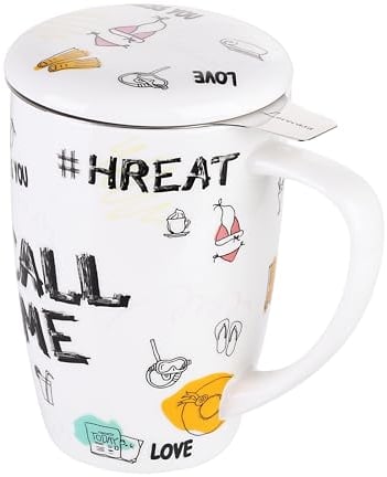 LOVECASA Taza de Te Porcelana Mug Infusión con Filtro y Tapa, Diseño con Frases Regalo 450 ML