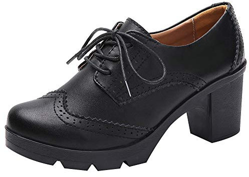 Jamron Mujer Tacón de Bloque con Cordones Brogues Derby Pumps Zapatos de Vestir Negro SN02955 EU38.5
