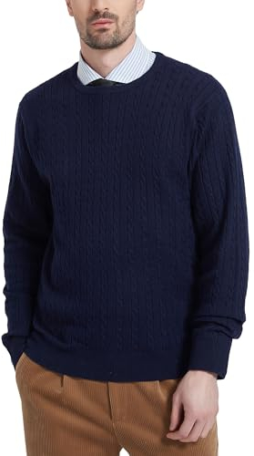 Kallspin Men’s Wool Blend Jumper Sweater Cable-Knit Crewneck Pullover Casual Knitwear(Navy Blue, L)