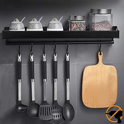 MUOIVG Küchenhalterung ohne Bohren mit 6 Haken, 40cm Küchenregal Wand für Gewürze, Hakenleiste Küchenhelfer Hängeleiste, Aluminium Gewürzregal,Matte Finish,für Küche und Bad