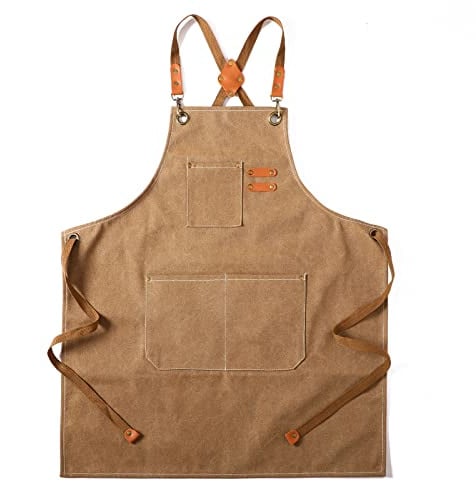Tosewever Canvas Cross Back Chef Apron for Men Women with Adjustable Straps Large Pockets, Waterdrop Kitchen Heavy Duty Cotton Aprons for Tool Cooking BBQ Artist, M to XXL (Cappuccino Brown)