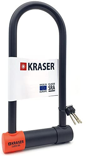 KRASER KR120L Antivol Moto Homologué SRA, U ø18mm Acier Cémenté, Plus Robust, Recommandé par Assurances, Double Verrouillage 3 Clés Serrure Haute Sécurité Anti-crochetage, Antivol Vélo en U, 120x310mm