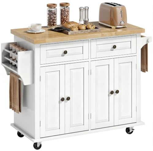 HOMCOM Carrello da Cucina con Ruote Isola Cucina 111x44.5x82.5 cm Bianco | Ripiani Regolabili, Portaspezie, Piano di Lavoro in Legno di Gomma, per Soggiorno