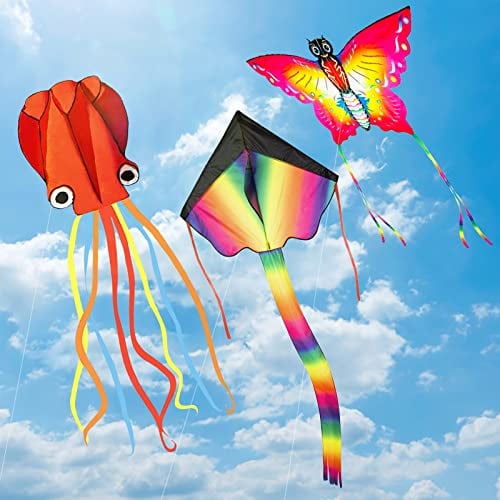 3 Pack Kite - Colorful kites for Kids Ages 4-8 Easy to Fly, Perfect for children and adults, Large Rainbow Butterfly Kites Red Octopus for Outdoor Game Activities
