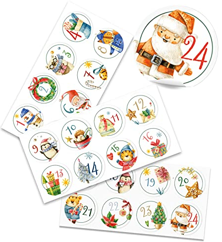 Yabaduu DIY Adventskalender Zahlen zum Aufkleben Nummern 1-24 Selbstklebende Sticker für Weihnachten Weihnachtskalender Selber Basteln Y048 (04 Aquarell Tiere rund)