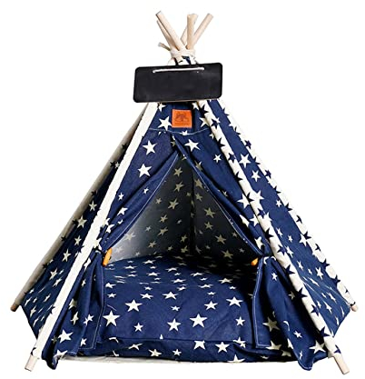 NIQIU Tragbares Leinen-Haustierzelt Katzenbett Hundehütte Haustier-Tipi mit Kissen Verfügbar Passend für Hundekatzen-Welpen-Zwinger-Typen 3 Blau,L