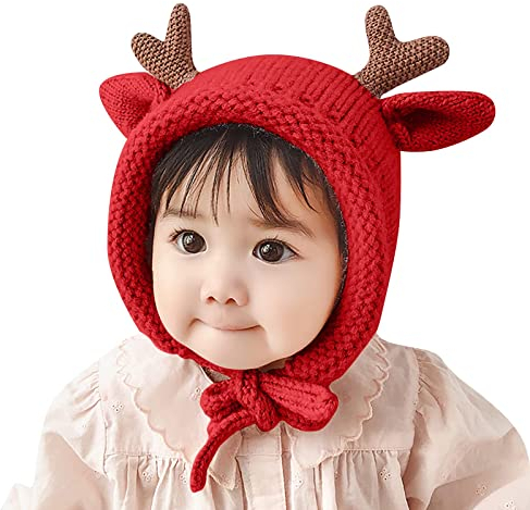 ROMIDA Baby Wintermütze Schal Schlupfmütze Warm Süßes Reh Wintermütze Schalmütze Strickmütze mit Bommel Fleecefutter Beanie Mütze Kinder Bommelmütze Schalmütze Strickmütze mit Pompom