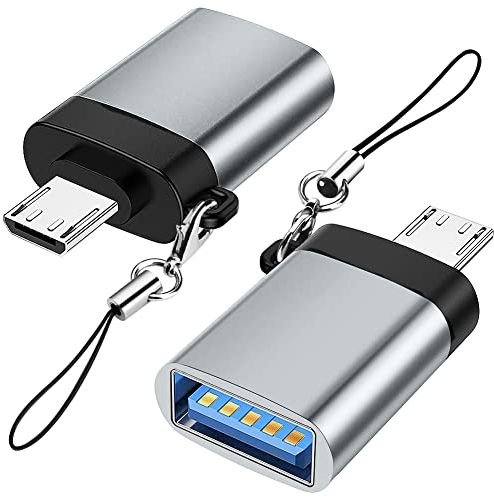 Seminer Adaptateur Micro USB vers USB 3.0 (Pack de 2) avec Lanière, Micro USB Mâle vers USB-A Femelle Adaptateur OTG Compatible avec Samsung S7 S6, Micro Périphériques OTG, Clé USB, Clavier (Gris)