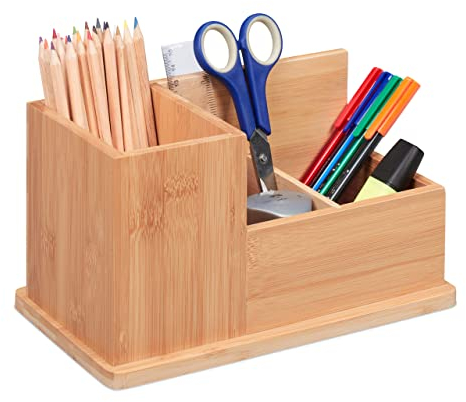 Relaxdays Stiftehalter Bambus, Organizer für Schreibtisch, Bad & Büro, 3 Fächer, Stiftebox HBT: 14 x 24,5 x 14 cm, Natur