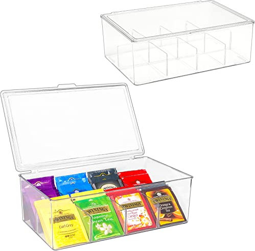 Puricon 2 Pezzi Porta Tisane Bustine con Coperchio, Porta Bustine The e Tisane in Plastica Trasparente, Scatola Tisane a 8 Scomparti, Tea Box -Trasparente