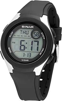 SINAR Damenuhr Herrenuhr Jugend Armbanduhr Unisex Sportuhr Outdoor Digital Quarz 10 bar mit Silikonarmband, 5 Alarmen und Licht Schwarz XV-19-1