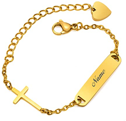 Baby Kind Armband mit Gravur Edelstahl Personalisierte Armbänder Tochter|Gravierbare Kinderarmkette|Taufarmband Junge Mädel|Kreuz Charme Name Babyarmband Taufgeschenke(Gold)