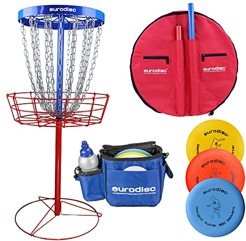 eurodisc Disc-Golf-Korb DLC Double Layer Chain mobiler Discgolfkorb mit 24, (2 Reihen), schweren Ketten + Tasche für Transport + Sporttasche Easybag + Discgolf Starter Set (3 Scheiben)