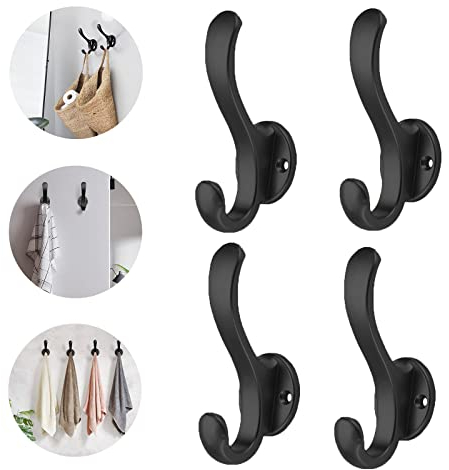 WASYPLSFOI Garderobenhaken Kleiderhaken Wandhaken Handtuchhaken Handtasche Haken Halter Kleiderbügel Doppelt Schwerlast für Wand Badezimmer Tür, 4 Pack Schwarz