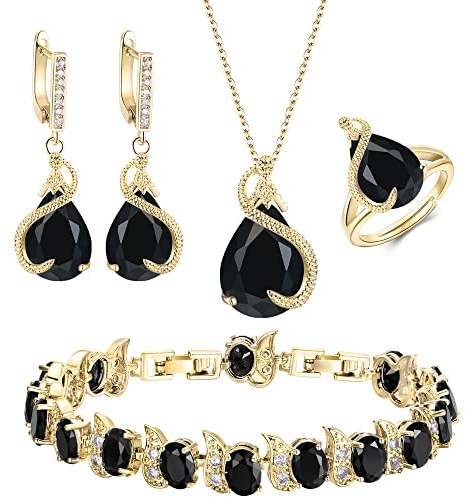 EVER FAITH 4 Stück Tropfen Cubic Zirconia Schmuck Set Glamour Anhänger Halskette Ohrringe Tennis Armband und Offener Ring für Damen Hochzeit Party Schwarz Gold-Tone