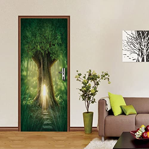 Tür tapeten 3d selbstklebend Grünes Baumhaus Türposter Türaufkleber Abnehmbare Vinyl türfolie Fototapete diy Wandbild Wohnzimmer Schlafzimmer Kinderzimmer Badezimmer B100 x H200cm