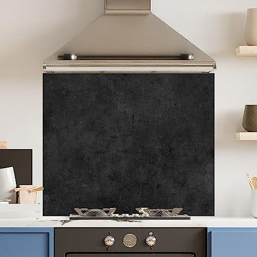 Premium 90 cm x 75 cm Black Marble Glass 6mm Kitchen Splashback Heat Resistant Toughened Polished Edges - Back Splash Back Coloured Hob Painted Tempered Splashback