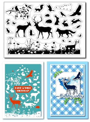 arriettycraft Löwenzahn Blumen Blätter Klare Stempel für Kartenherstellung und Journaling, Wald Wilde Tiere Silikonstempel Hirsch Wolf Hase Adler Gummistempel für Crafting Scrapbooking