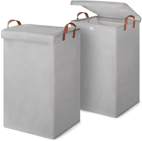 2 Pack 80L Large Washing Baskets for Laundry with Lid, Foldable Clothes Hamper Storage Bag Solutions with Handles for Clothes Toys, Laundry Basket Bin for Bathroom, Bedroom (80L)