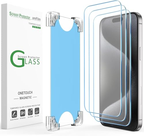 amFilm Magnetic OneTouch 3 Pack Compatible with iPhone 15 Pro Screen Protector 6.1 Tempered Glass Accessories, Premium Easiest Installation Kit 9H HD, Case Friendly