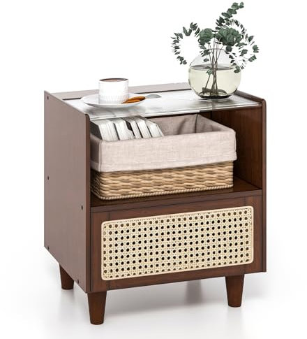 COSTWAY Nachttisch Rattan, Nachtschrank aus Bambus mit Schublade, Beistelltisch mit Glastischplatte und offenem Fach, Sofatisch, Boho-Nachtkonsole für Schlafzimmer, Wohnzimmer, 43 x 35 x 50 cm