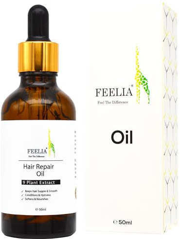 Feelia – Hair Repair Oil, With Argan, Avocado, Jojoba For Dry Damage Hair, Keeps Hair Supple & Smooth, Conditions & Hydrates, Rich in Vitamin E, 9 Plant Extract – 50ml