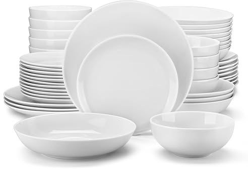 MALACASA Série AMELIA Service de Table Blanche en Porcelaine pour 12 Personnes avec Assiettes Plates, Assiettes Creuses, Assiettes à Dessert, Bols à Céréales, 48 Pièces Service de Vaisselle Rond