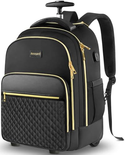 Arcoyard 45L US Rolling Backpack With Wheels, Modern Black Unisex Travel Roller Backpack For Adults, College/University, 17 Inches Laptop Compatible