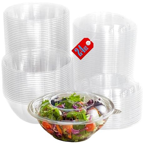 Mr Miracle Clear 24 Ounce Plastic Salad Bowls with Snap-On Lids. 50 Pack. Airtight Disposable Salad Containers for Lunch, Meal Prep, Parties. Ideal as Disposable Salad Bowls with Lids