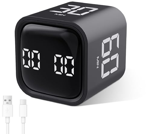Cuteefun Cubo Temporizador, Pomodoro Timer Rotativo, 5/10/30/60 Minutos y Cuenta Atrás Personalizada, Temporizador Digital con Vibración, Alerta Sonora Ajustable para Cocina, Estudio, Reunión, Negro