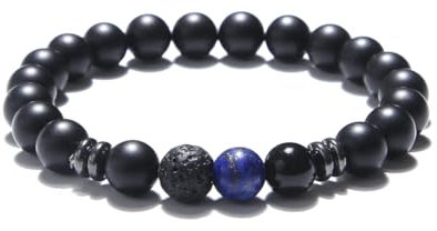 KIM JOHANSON® Herren Naturstein Armband *Chakra* mit Onyx, Jaspis & Lavastein I Perlenarmband mit echten 8mm Edelsteinen I Elastisches Kugelarmband I Handgemacht I Wasserfest | Inkl. Schmuckbeutel