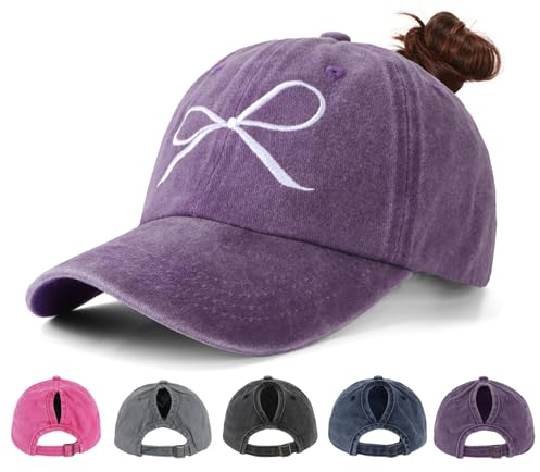 Acado Ponytail Baseball Cap for Women - Distressed Vintage Washed Adjustable Embroidered High Bun Hat Ladies