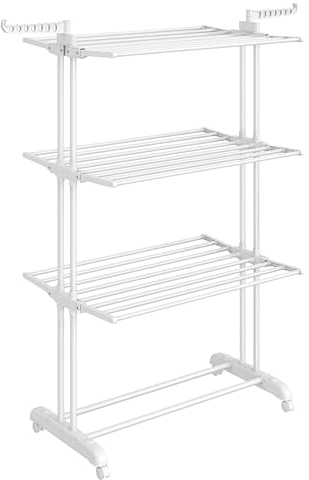 SONGMICS Wäscheständer, Standtrockner 4 Ebenen, Flügelwäscheständer, klappbare Flügel, mit Rollen, 63,5 x 128 x 173 cm, groß, einfacher Aufbau, für Innen- und Außenbereich, wolkenweiß LLR701W03