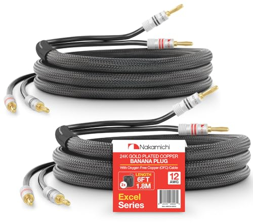 Nakamichi Excel Series 24k Gold Plated Banana Plug with (6 Feet) Speaker Cable Wire 99.9% Oxygen-Free Copper (OFC) Heavy Duty Braided In-Wall CL2 Rated - Black (12AWG / 6ft / 1.8m) 2-Pack
