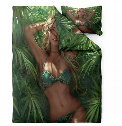 Sommerbettwäsche 220x240 Sexy Frau - Grün Blatt Bettbezug 220x240 3 Teilig - Wendebettwäsche & 2 Kissenbezug 80x80 cm - Weiche Mikrofaser Bettwäsche-sets mit Reißverschluss - Schlafzimmer Bett Deko