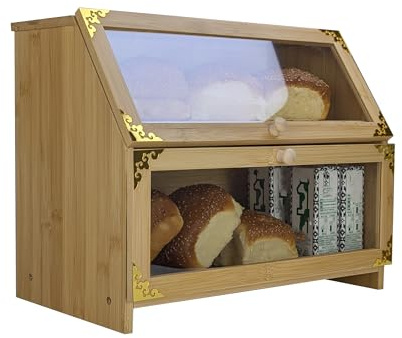 ARTAWEINLarge Wooden Bread Bin for Kitchen Countertop - 2 Tier Bamboo Bread Box with Clear Window - Double Layer Food Storage Container for Loaves, Pastries, Cakes & Bagels