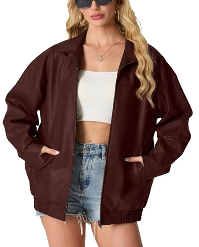 GRECERELLE Damen Kunstlederjacke Reverskragen Lange Ärmel Übergangsjacke Reißverschluss Bikerjacke Damen Lässig Motorrad Jacke Frauen